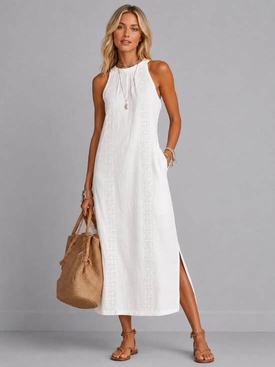 Dresses & Skirts - Women's White Cotton Lace Midi Dress Sleeveless Side Slit Vacation Resort